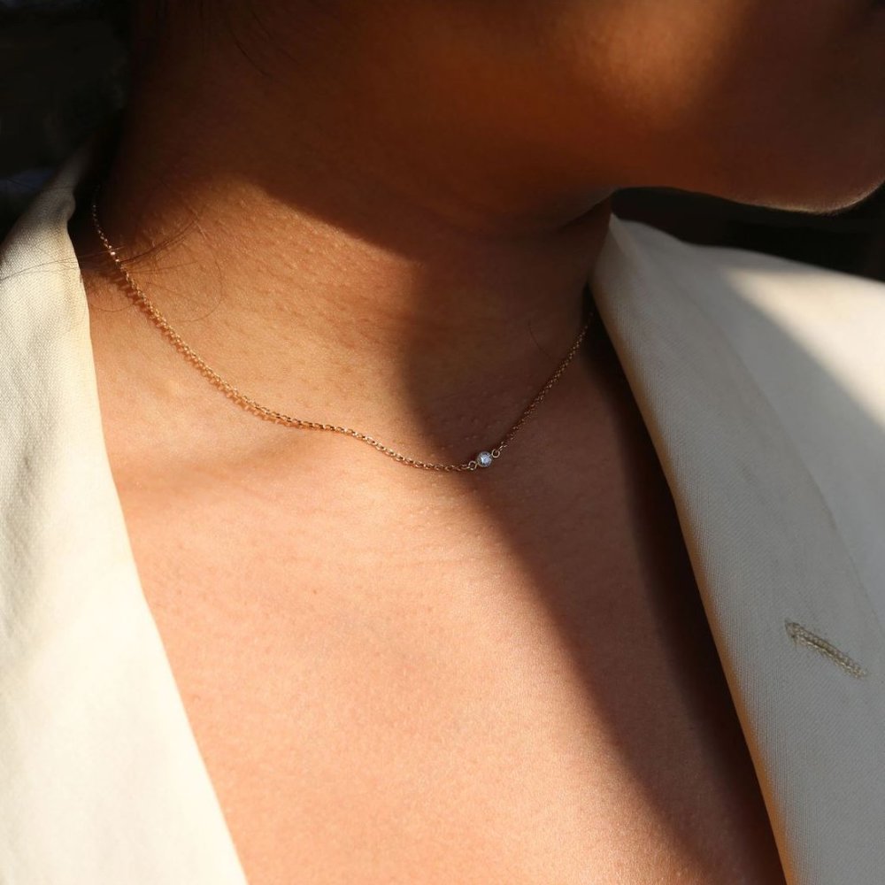 14K gold simple single diamond adjustable choker